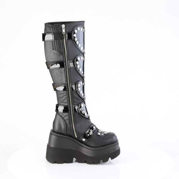 SHAKER-210 Studded Heart Wedge Platform Knee High Boots by Demonia