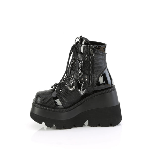SHAKER-66 Bat Buckle Wedge Ankle Boots by Demonia