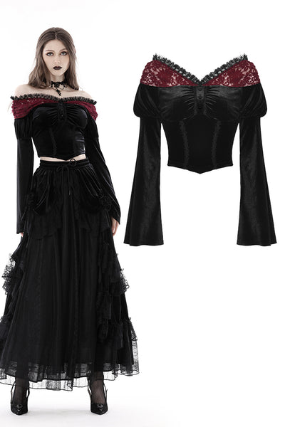 Juliet Red Lace Shoulder Velvet Crop Top by Dark In Love