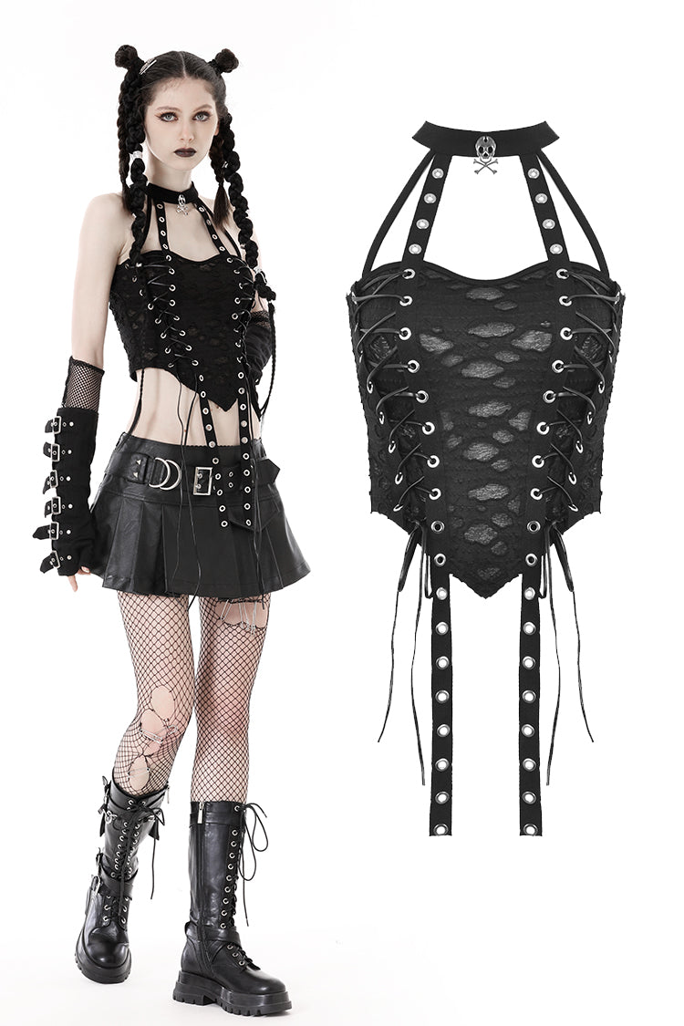 Rolling Skulls Gothic Lace Up Crop Top by Dark In Love