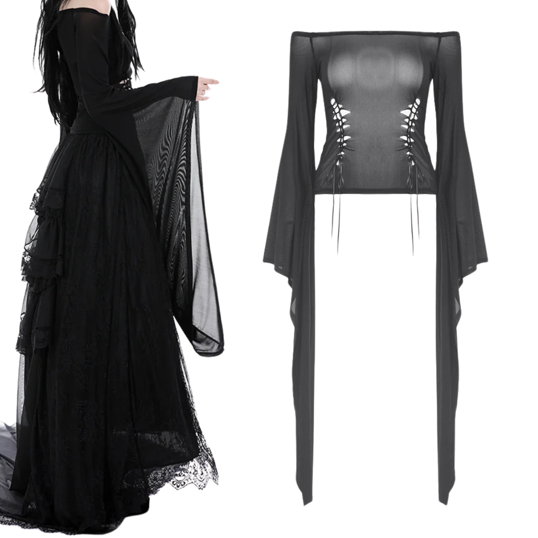 Cries From The Crypt Gothic Mesh Bell Sleeve Top by Dark In Love