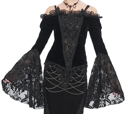 Everly Gothic Black Lace Bell Sleeve Velvet Top by Eva Lady