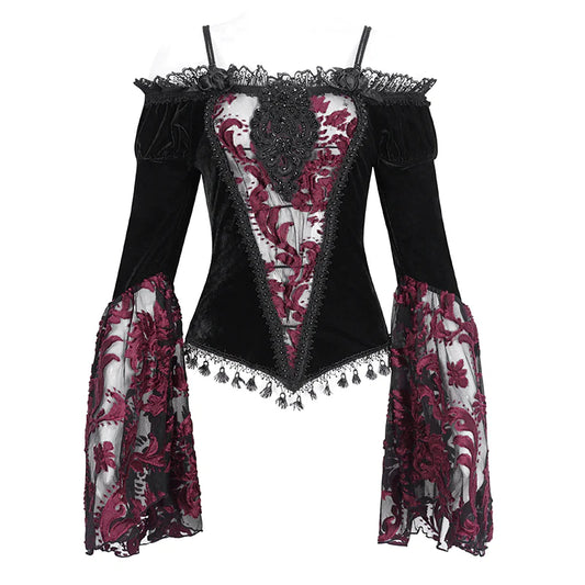 Everly Gothic Red Lace Bell Sleeve Velvet Top by Eva Lady