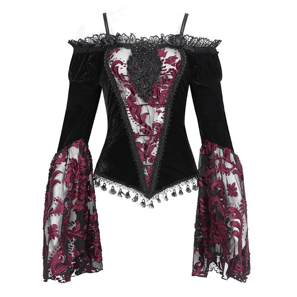 Everly Gothic Red Lace Bell Sleeve Velvet Top by Eva Lady – The