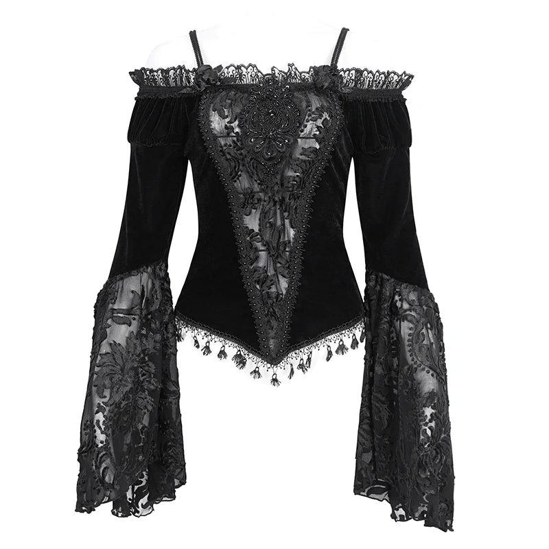 Everly Gothic Black Lace Bell Sleeve Velvet Top by Eva Lady