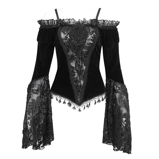 Everly Gothic Black Lace Bell Sleeve Velvet Top by Eva Lady