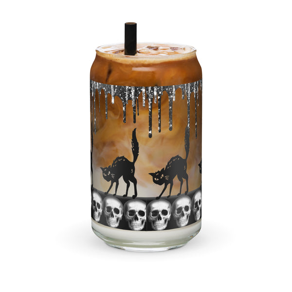 Sparkle Spooky Cats & Skulls Glass Can Cup by The Dark Side of Fashion