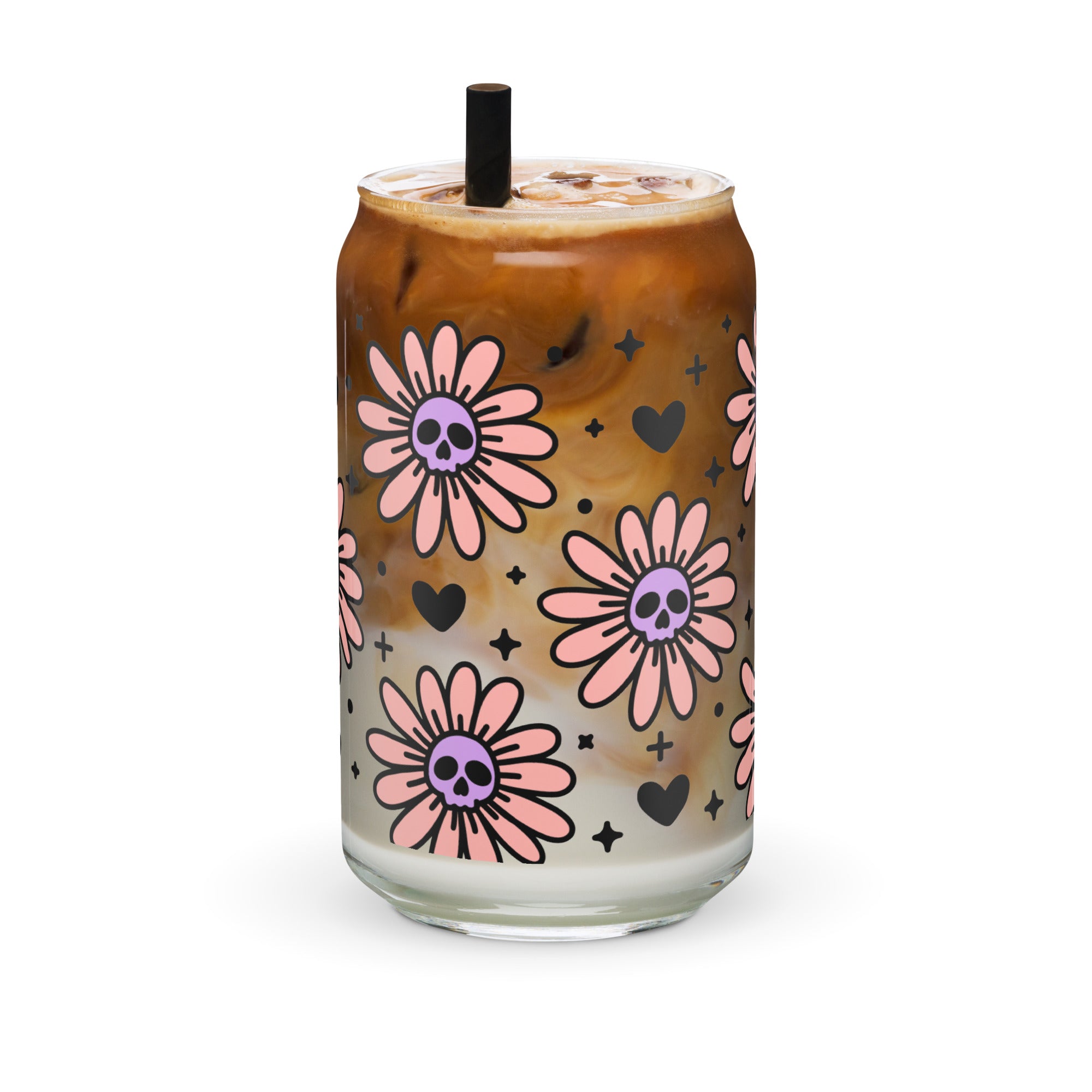 Skull Daisies Glass Can Cup by The Dark Side of Fashion