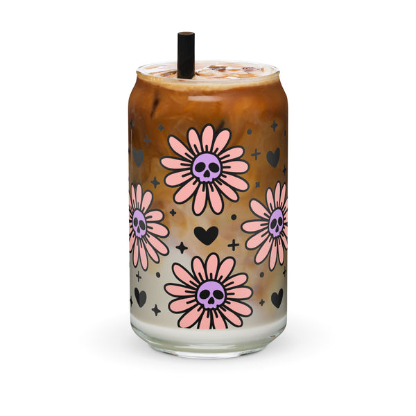 Skull Daisies Glass Can Cup by The Dark Side of Fashion