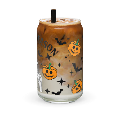 Spooky Season Skeleton Hand Pumpkins Glass Can Cup by The Dark Side of Fashion