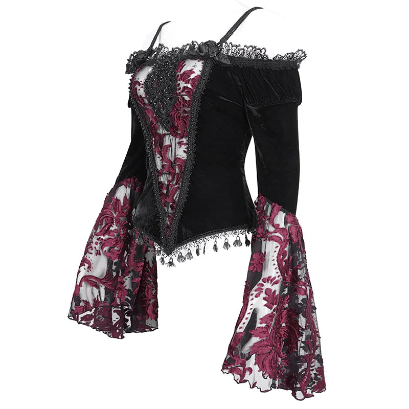 Everly Gothic Red Lace Bell Sleeve Velvet Top by Eva Lady