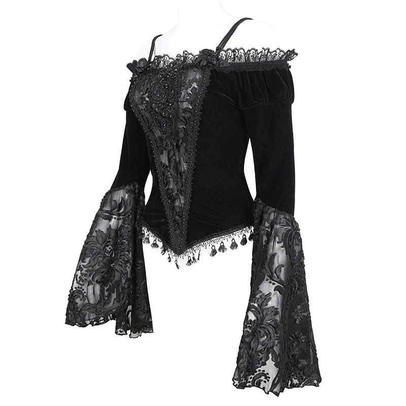 Everly Gothic Black Lace Bell Sleeve Velvet Top by Eva Lady
