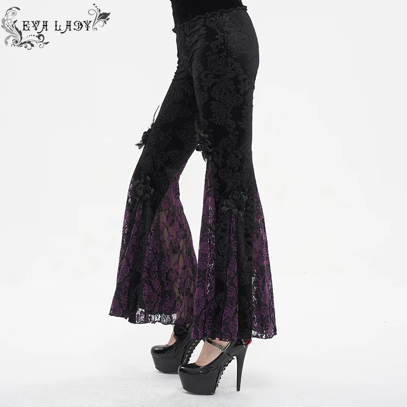 Moonlit Roses Purple Velveteen Flare Pants by Eva Lady