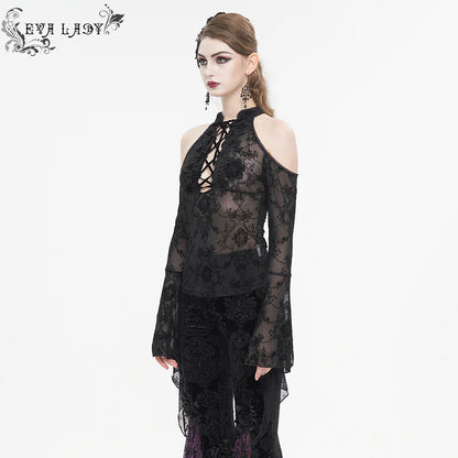 Lovely Roses Gothic Mesh Bell Sleeve Top by Eva Lady