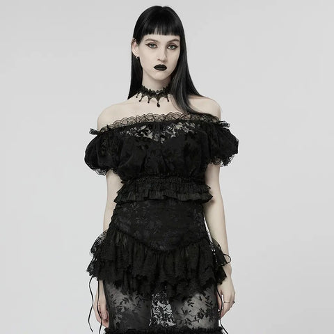 Lady Anne Lace With Bardot Neckline Black Top by Punk Rave