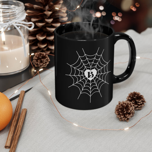 Personalized Letter Heart Spiderweb 11 oz. Black Mug by The Dark Side of Fashion