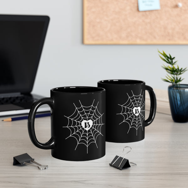 Personalized Letter Heart Spiderweb 11 oz. Black Mug by The Dark Side of Fashion