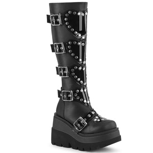 SHAKER-210 Studded Heart Wedge Platform Knee High Boots by Demonia