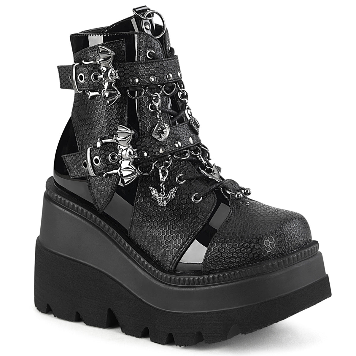 SHAKER-66 Bat Buckle Wedge Ankle Boots by Demonia