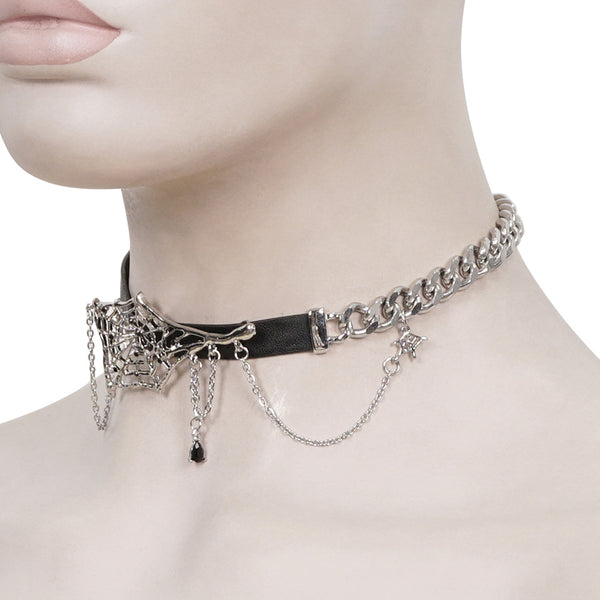 Spiderweb Faux Leather Chain Choker by Devil Fashion