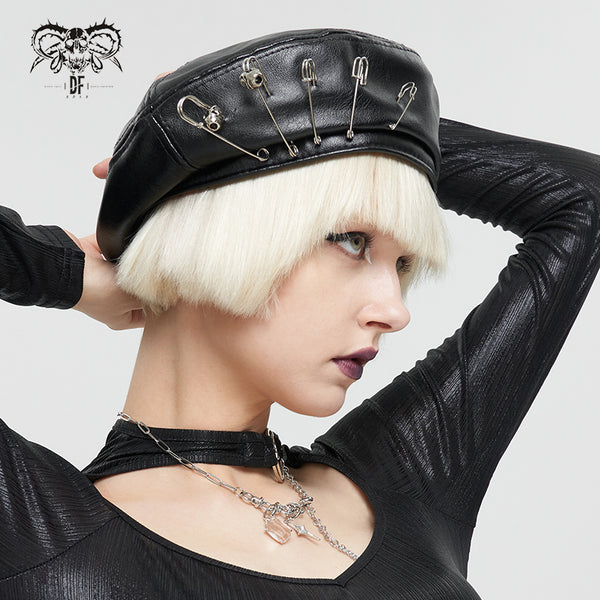 Skulls & Pins Faux Leather Beret Hat by Devil Fashion