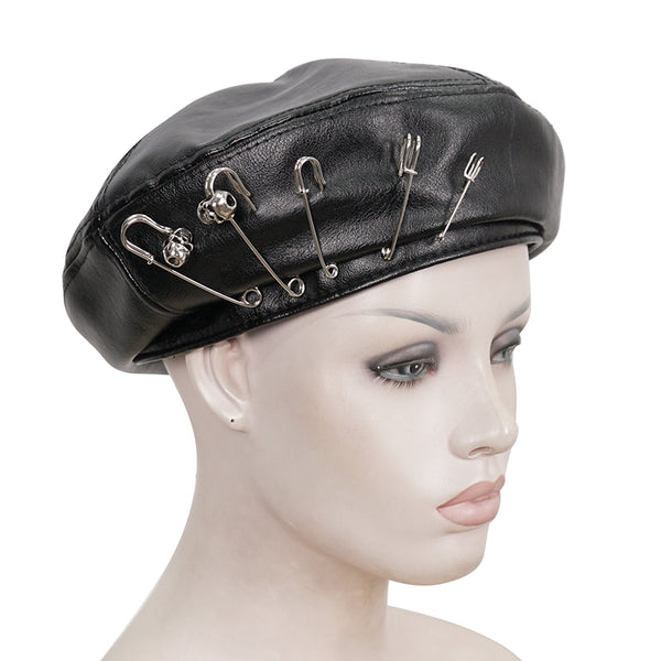 Skulls & Pins Faux Leather Beret Hat by Devil Fashion