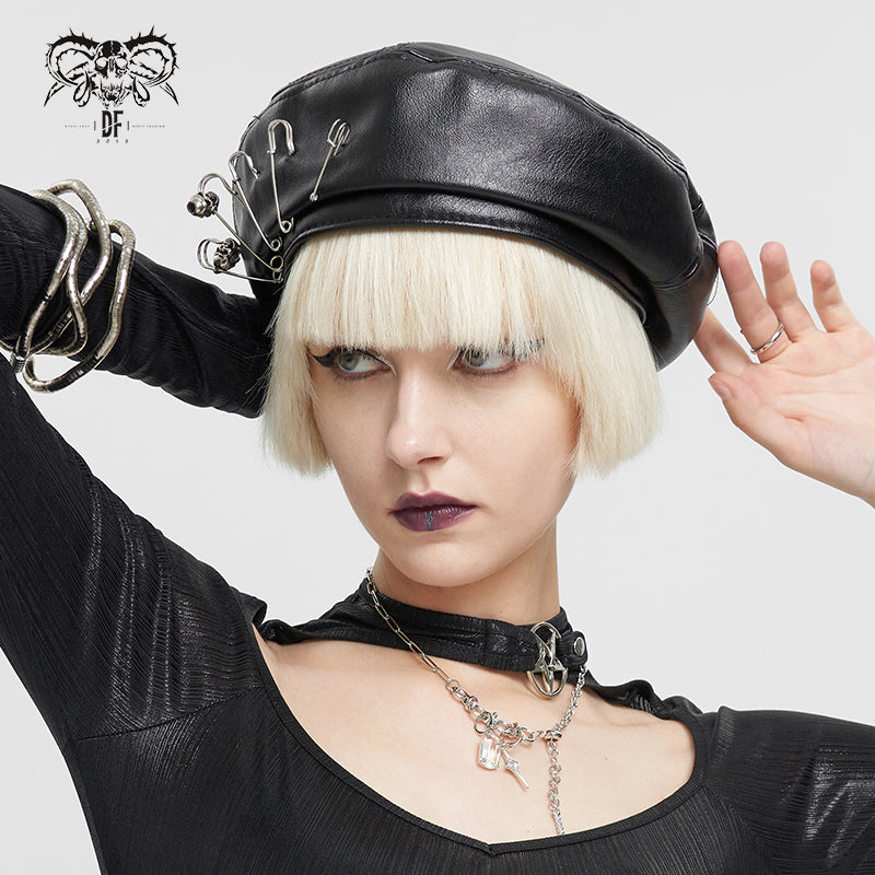 Skulls & Pins Faux Leather Beret Hat by Devil Fashion