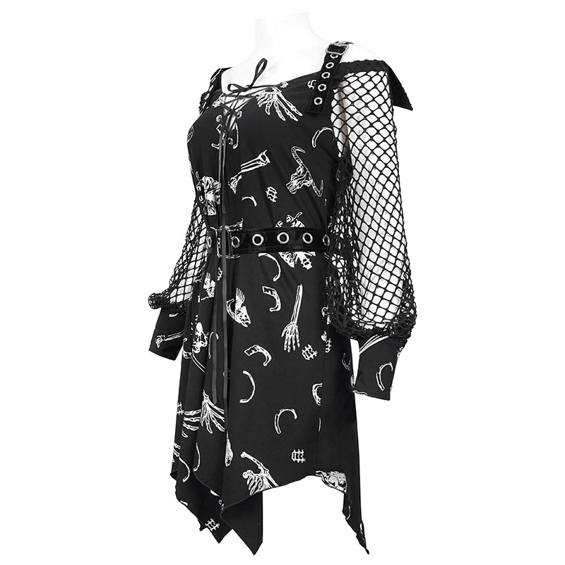 Graveyard Bones Fishnet Sleeve Dress by Devil Fashion