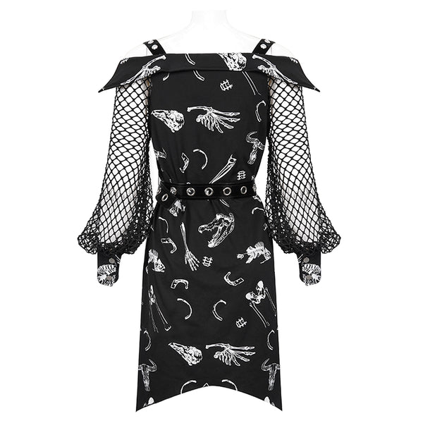 Graveyard Bones Fishnet Sleeve Dress by Devil Fashion