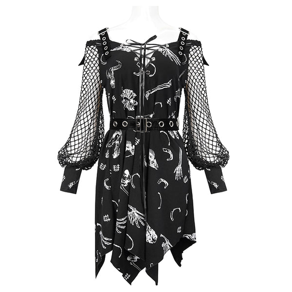 Graveyard Bones Fishnet Sleeve Dress by Devil Fashion