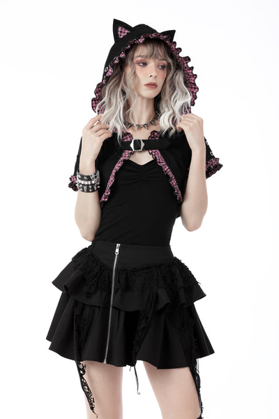 Pink Plaid Cat Ear Hooded Top by Dark In Love