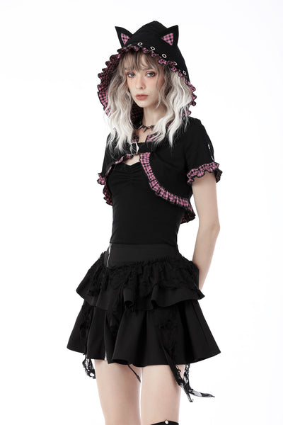 Pink Plaid Cat Ear Hooded Top by Dark In Love