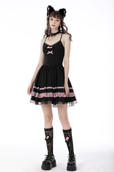 Black Pink Bow Chiffon Dress by Dark In Love