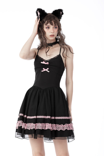 Black Pink Bow Chiffon Dress by Dark In Love