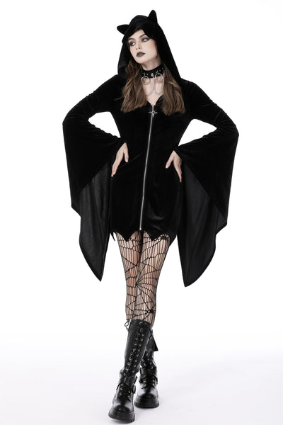 Kitty Cat Bat Ears Bell Sleeved Hooded Velvet Dress by Dark In Love
