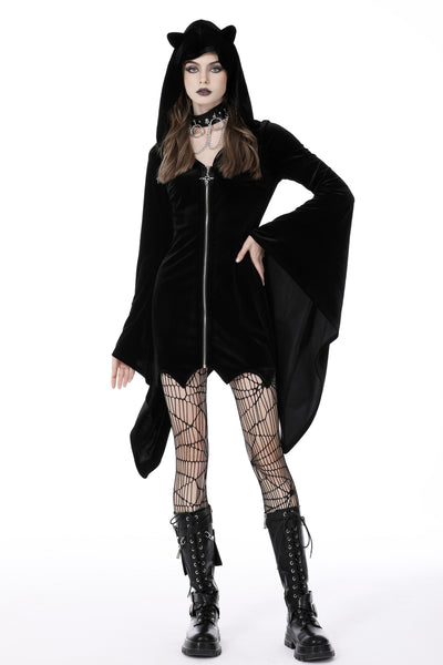 Kitty Cat Bat Ears Bell Sleeved Hooded Velvet Dress by Dark In Love