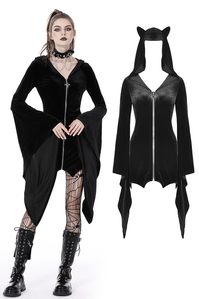 Kitty Cat Bat Ears Bell Sleeved Hooded Velvet Dress by Dark In Love