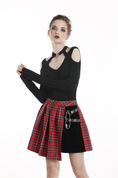 Red Punk Plaid Pleated Skirt by Dark In Love