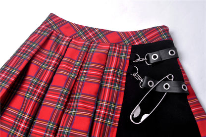 Red Punk Plaid Pleated Skirt by Dark In Love