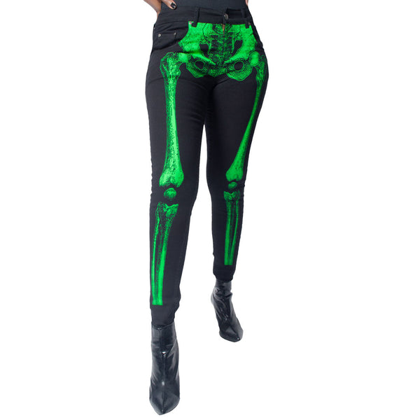 Skeleton Green Bone Unisex Skinny Jeans by Kreepsville 666