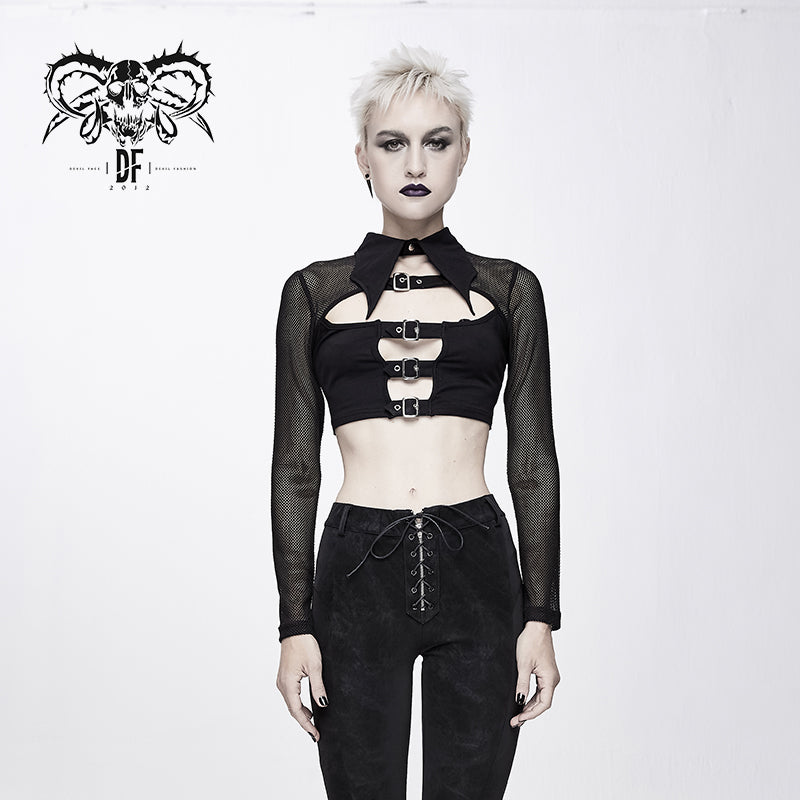 Batty Ghoul Batwing Collar Fishnet Crop Top by Devil Fashion