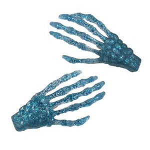 Blue Glitter Skeleton Bone Hand Hair Clips by Kreepsville 666